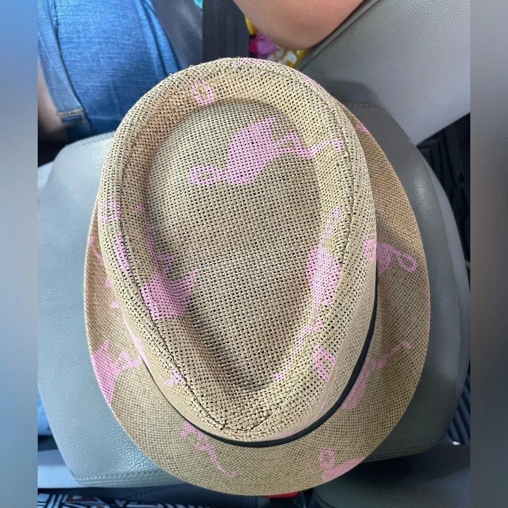 Boys Toddler Hat Tan Fedora with Pink flamingos 4 and under EUC